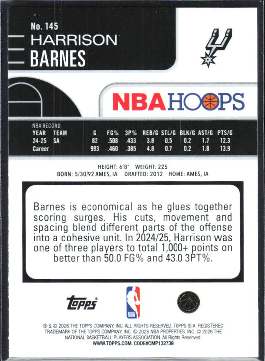 2025-26 Hoops #145 Harrison Barnes - baksida