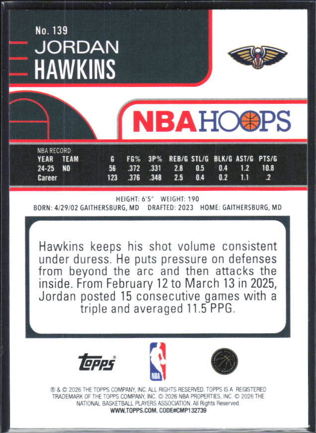 2025-26 Hoops #139 Jordan Hawkins Light Burst - baksida