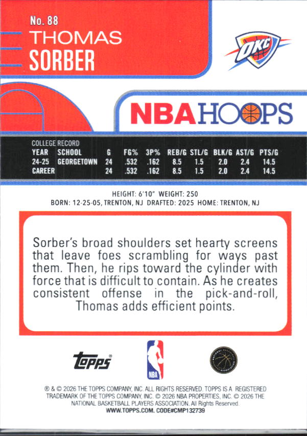 2025-26 Hoops #88 Thomas Sorber - baksida