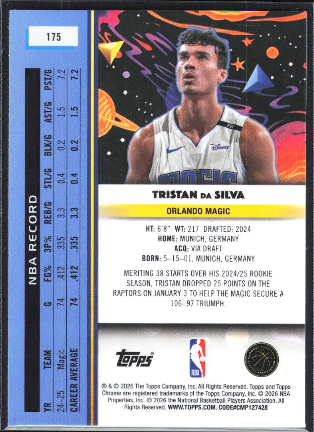 2025-26 Topps Chrome Cosmic #175 Tristan da Silva - baksida