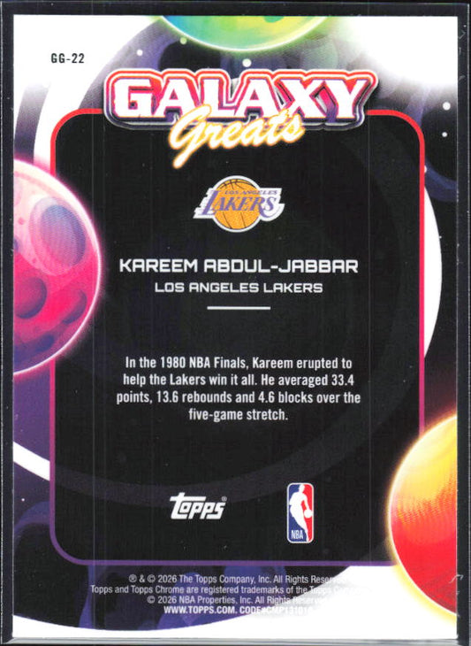 2025-26 Topps Chrome Cosmic #GG-22 Kareem Abdul-Jabbar Galaxy Greats - baksida
