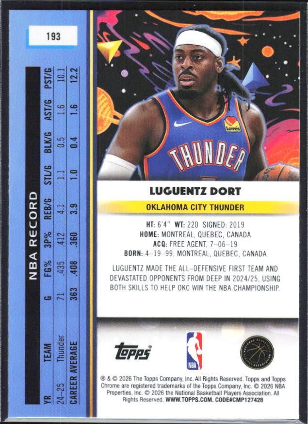 2025-26 Topps Chrome Cosmic #193 Luguentz Dort - baksida