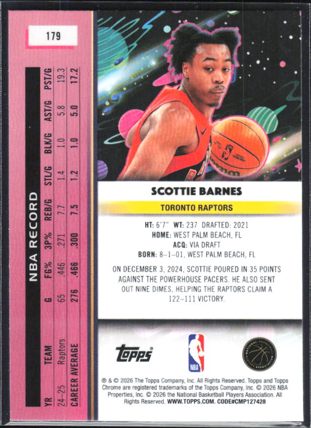 2025-26 Topps Chrome Cosmic #179 Scottie Barnes - baksida