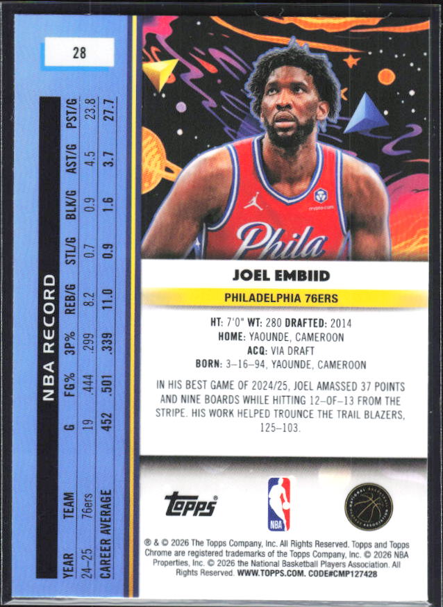 2025-26 Topps Chrome Cosmic #28 Joel Embiid - baksida