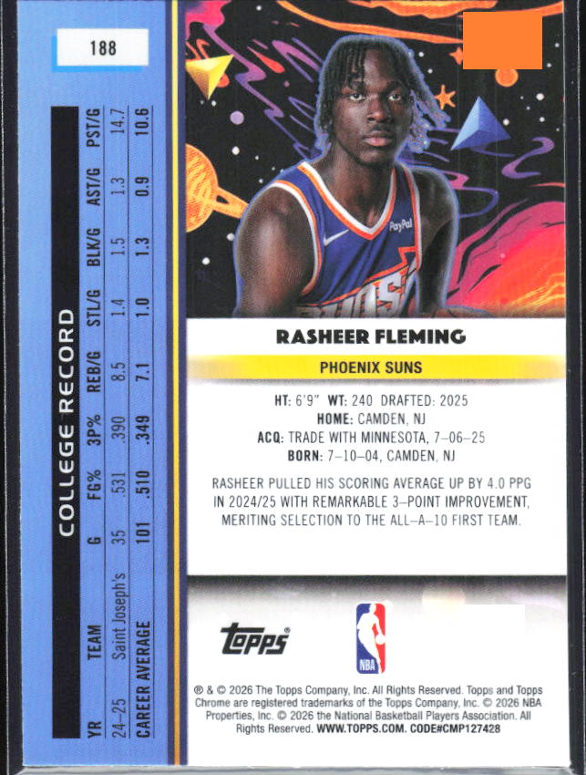 2025-26 Topps Chrome Cosmic #188 Rasheer Fleming - baksida