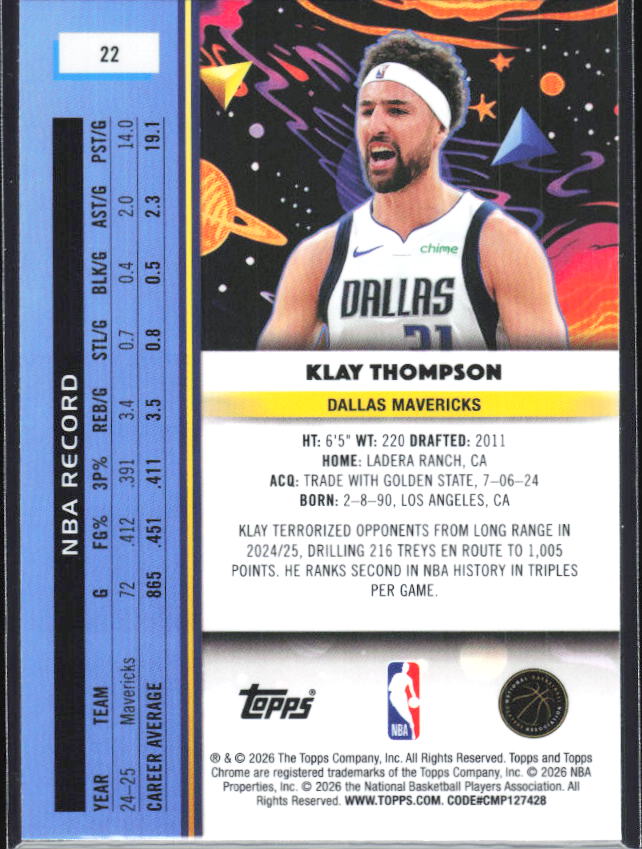2025-26 Topps Chrome Cosmic #22 Klay Thompson - baksida