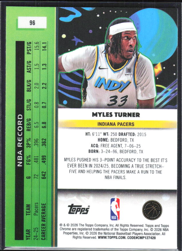 2025-26 Topps Chrome Cosmic #96 Myles Turner - baksida