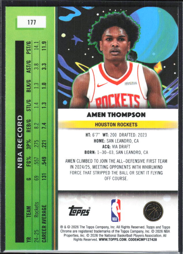 2025-26 Topps Chrome Cosmic #177 Amen Thompson - baksida