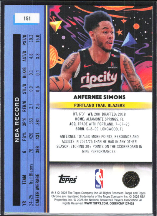2025-26 Topps Chrome Cosmic #151 Anfernee Simons - baksida