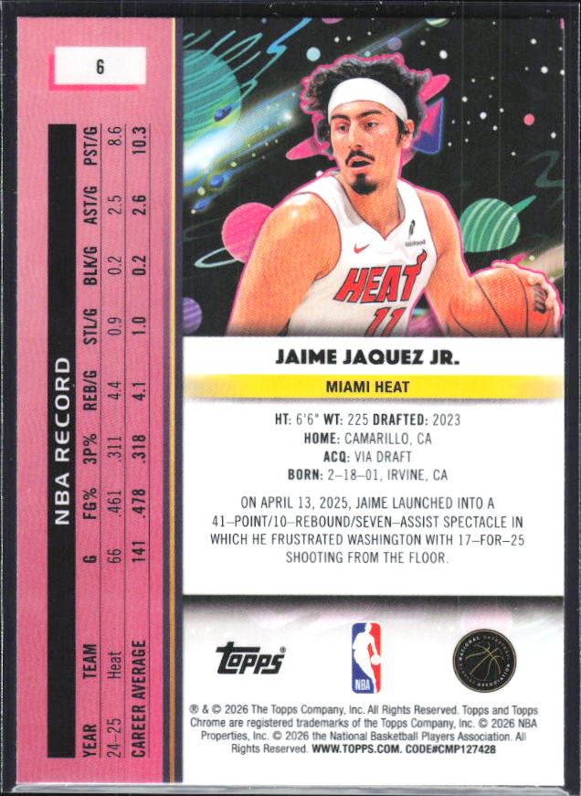 2025-26 Topps Chrome Cosmic #6 Jaime Jaquez Jr. - baksida