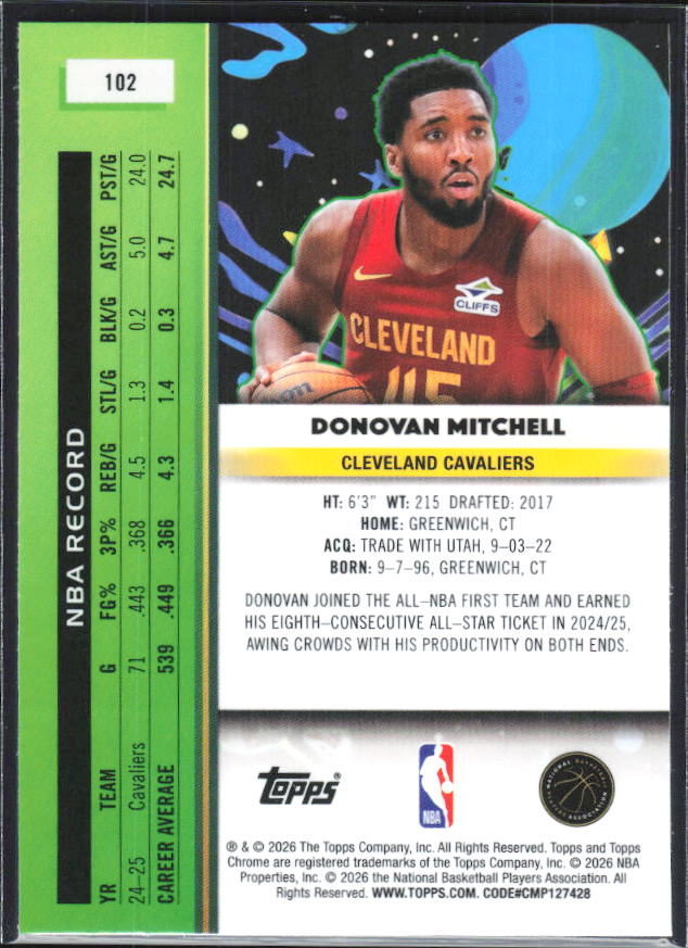 2025-26 Topps Chrome Cosmic #102 Donovan Mitchell - baksida