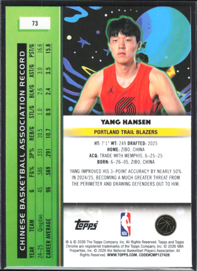 2025-26 Topps Chrome Cosmic #73 Yang Hansen - baksida