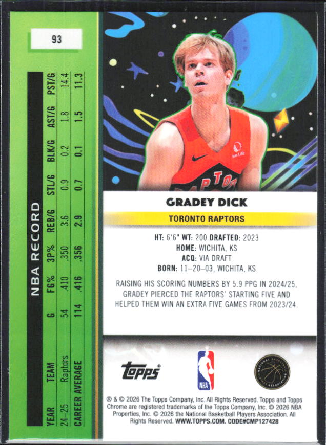 2025-26 Topps Chrome Cosmic #93 Gradey Dick - baksida