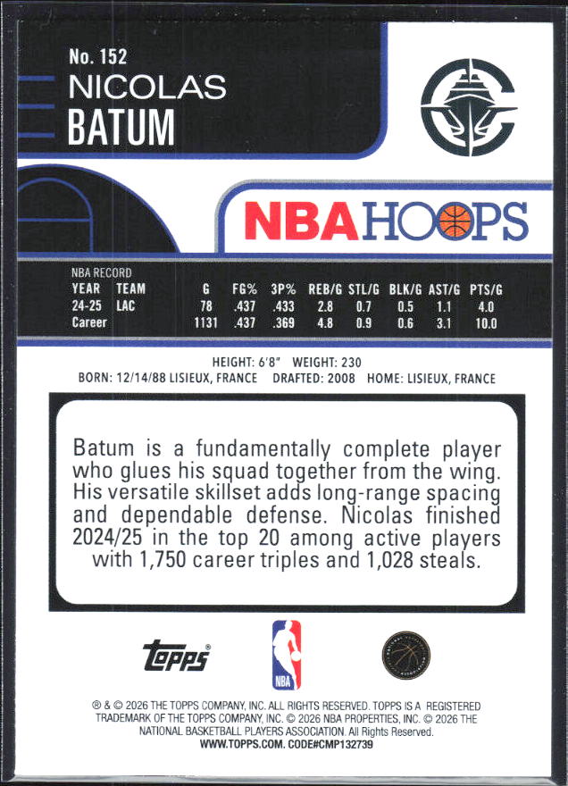 2025-26 Hoops #152 Nicolas Batum - baksida