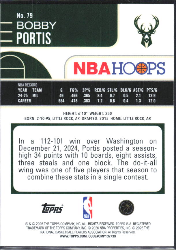 2025-26 Hoops #79 Bobby Portis - baksida