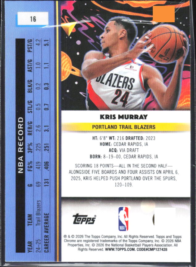 2025-26 Topps Chrome Cosmic #16 Kris Murray - baksida