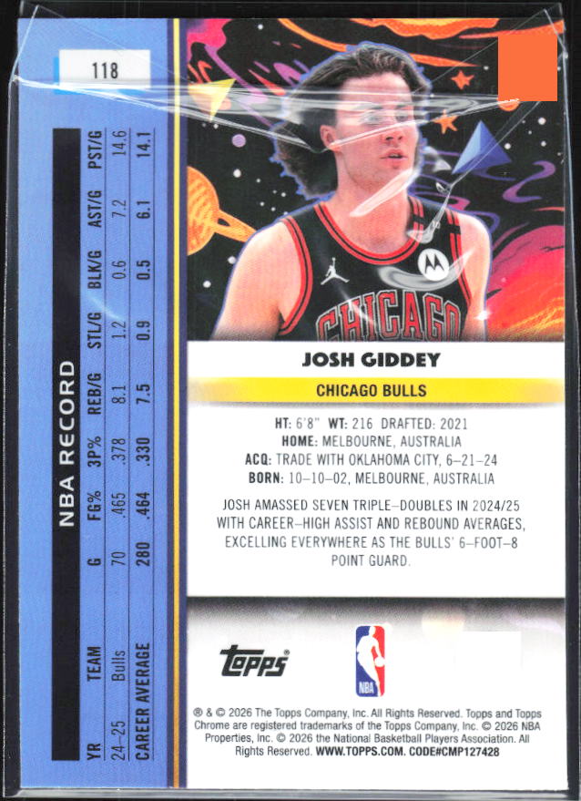 2025-26 Topps Chrome Cosmic #118 Josh Giddey - baksida