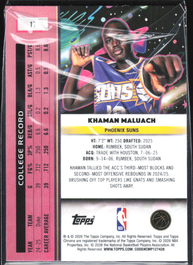 2025-26 Topps Chrome Cosmic #17 Khaman Maluach - baksida