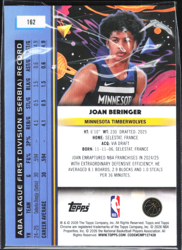 2025-26 Topps Chrome Cosmic #162 Joan Beringer - baksida