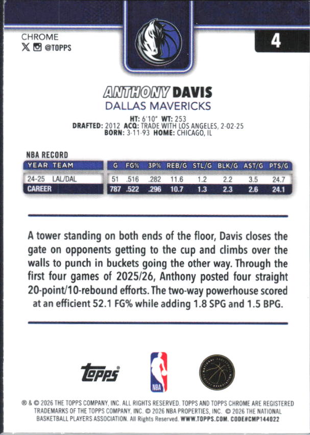 2025-26 Topps Chrome Update #4 Anthony Davis - baksida