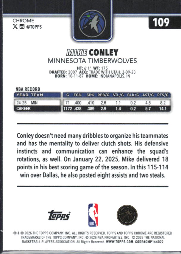 2025-26 Topps Chrome Update #109 Mike Conley - baksida