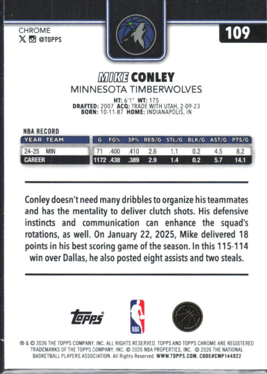2025-26 Topps Chrome Update #109 Mike Conley - baksida