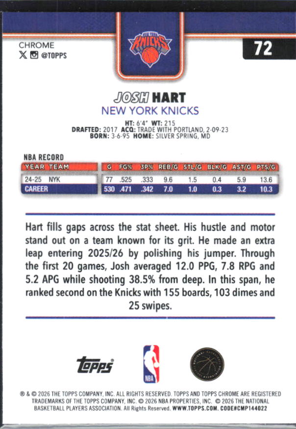 2025-26 Topps Chrome Update #72 Josh Hart - baksida