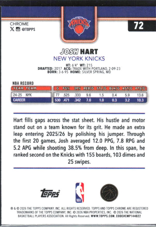 2025-26 Topps Chrome Update #72 Josh Hart - baksida