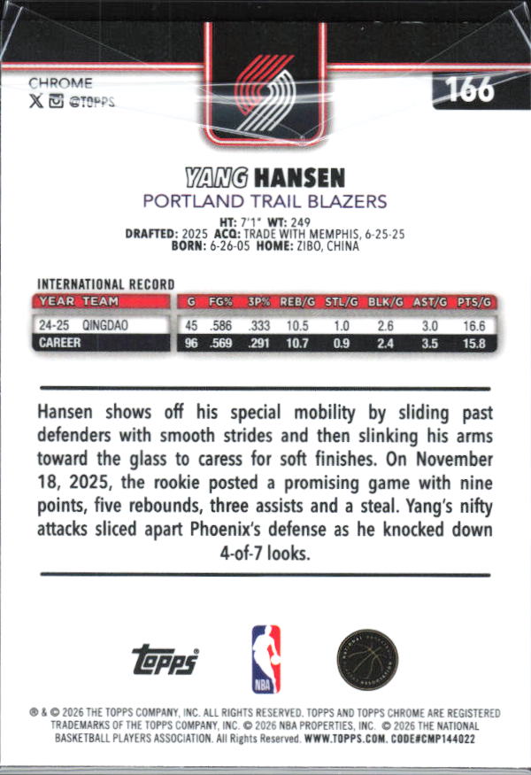 2025-26 Topps Chrome Update #166 Yang Hansen - baksida