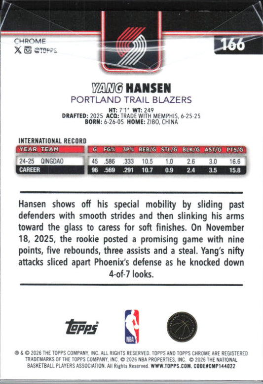 2025-26 Topps Chrome Update #166 Yang Hansen - baksida