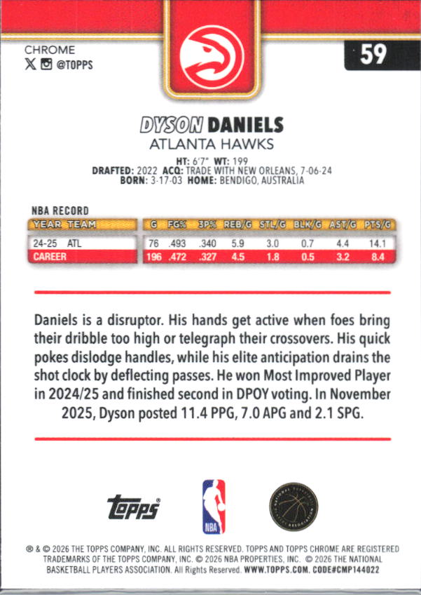 2025-26 Topps Chrome Update #59 Dyson Daniels - baksida