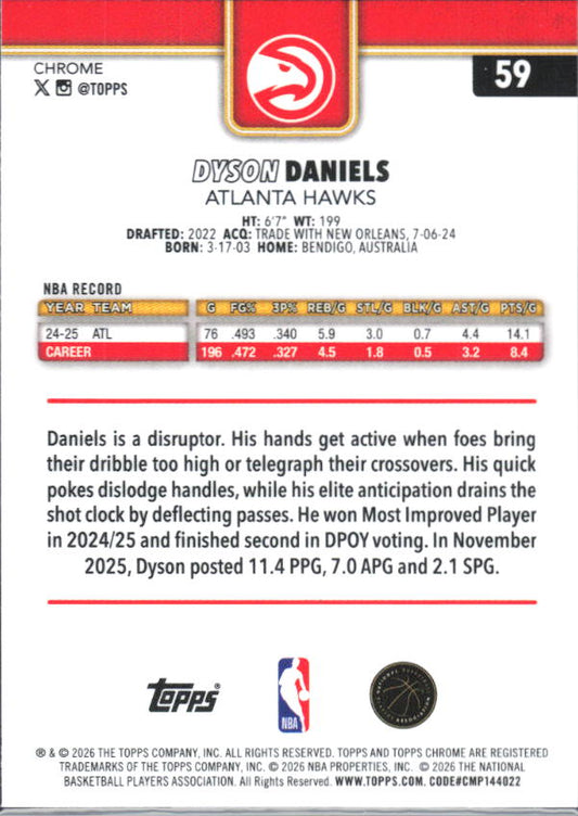 2025-26 Topps Chrome Update #59 Dyson Daniels - baksida