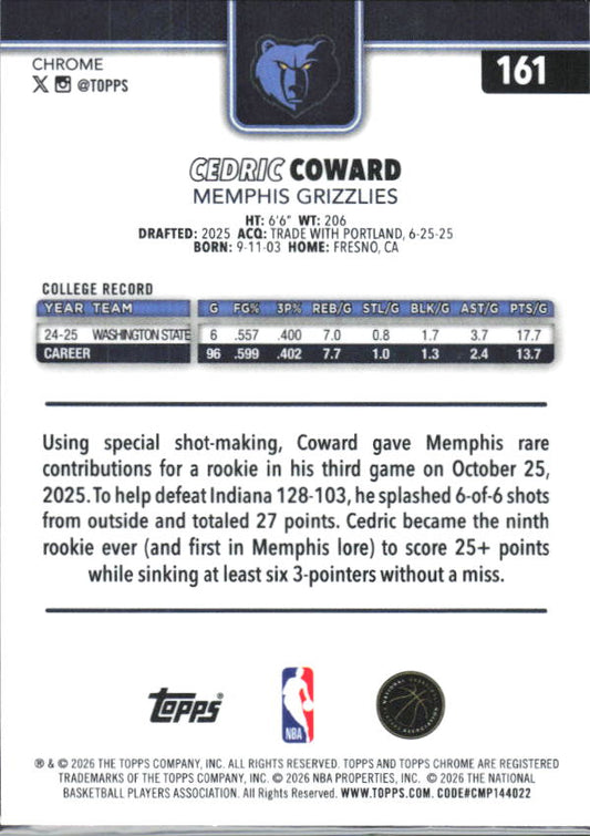 2025-26 Topps Chrome Update #161 Cedric Coward - baksida