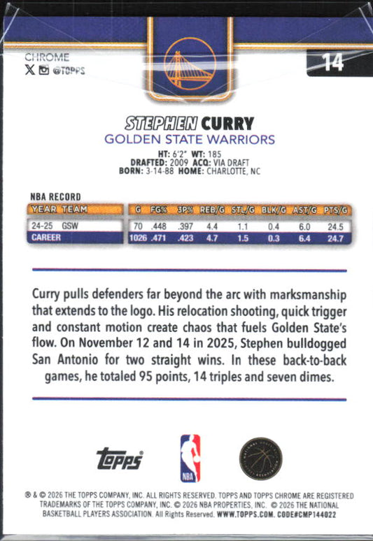 2025-26 Topps Chrome Update #14 Stephen Curry - baksida
