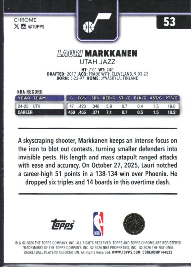 2025-26 Topps Chrome Update #53 Lauri Markkanen - baksida