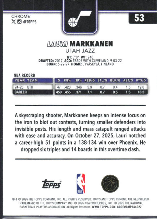 2025-26 Topps Chrome Update #53 Lauri Markkanen - baksida