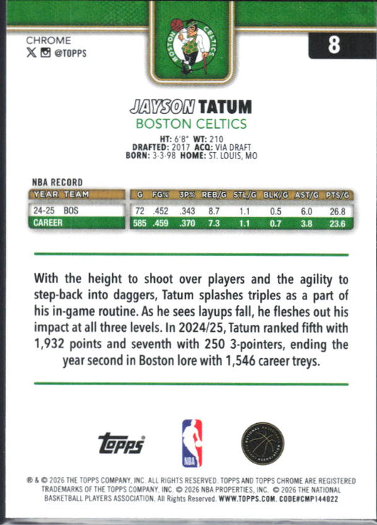 2025-26 Topps Chrome Update #8 Jayson Tatum - baksida