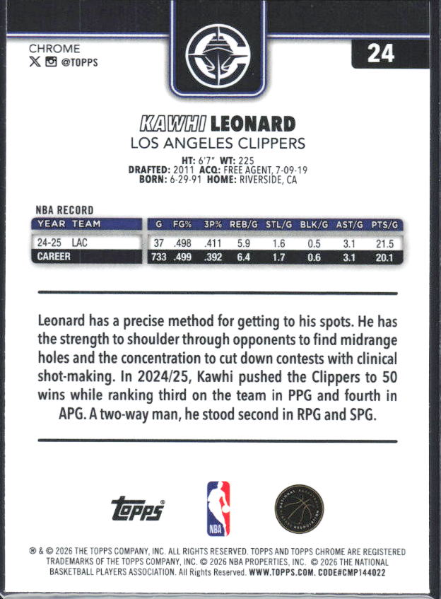 2025-26 Topps Chrome Update #24 Kawhi Leonard - baksida