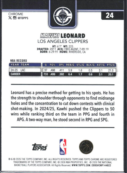 2025-26 Topps Chrome Update #24 Kawhi Leonard - baksida