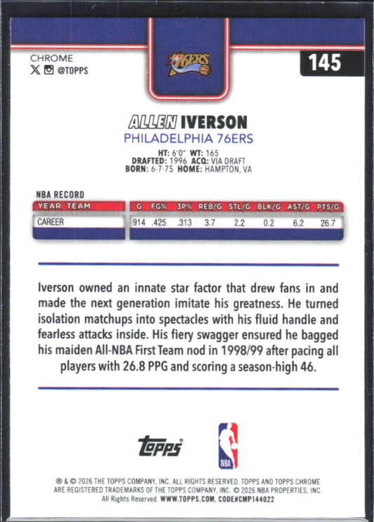 2025-26 Topps Chrome Update #145 Allen Iverson RayWave Refractor - baksida