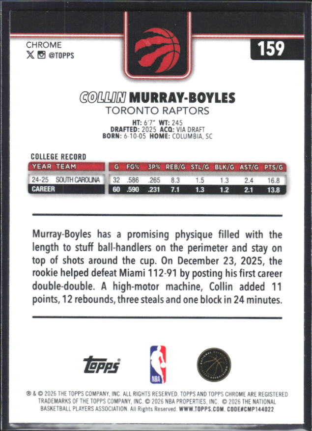 2025-26 Topps Chrome Update #159 Collin Murray-Boyles - baksida