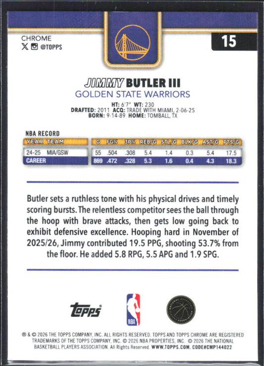 2025-26 Topps Chrome Update #15 Jimmy Butler III - baksida