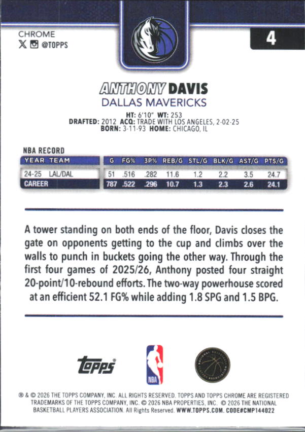 2025-26 Topps Chrome Update #4 Anthony Davis - baksida