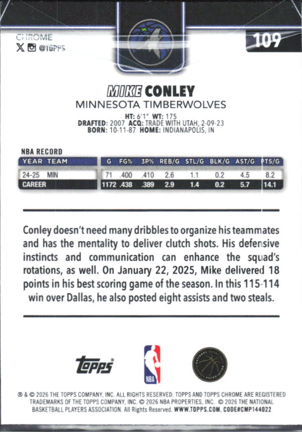 2025-26 Topps Chrome Update #109 Mike Conley - baksida