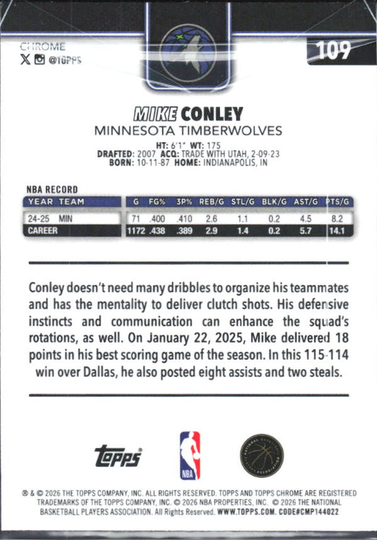 2025-26 Topps Chrome Update #109 Mike Conley - baksida
