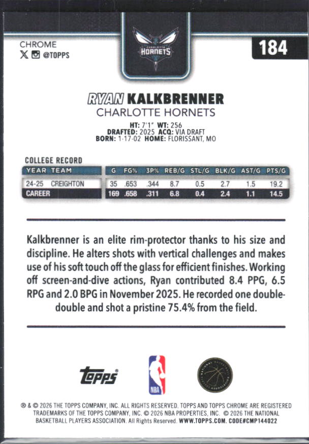 2025-26 Topps Chrome Update #184 Ryan Kalkbrenner - baksida