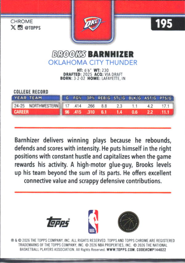 2025-26 Topps Chrome Update #195 Brooks Barnhizer - baksida