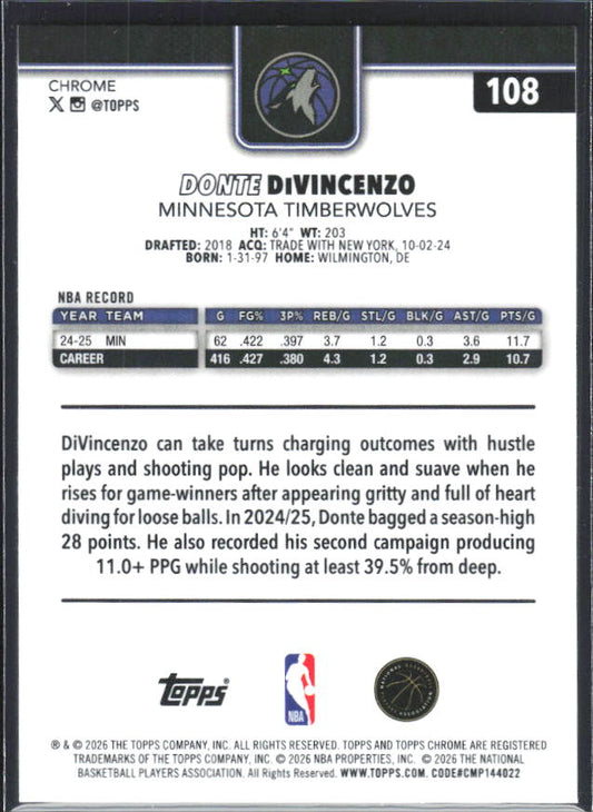 2025-26 Topps Chrome Update #108 Donte DiVincenzo - baksida