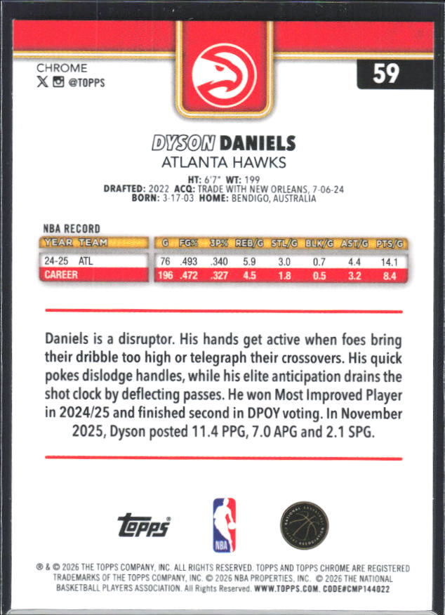 2025-26 Topps Chrome Update #59 Dyson Daniels - baksida