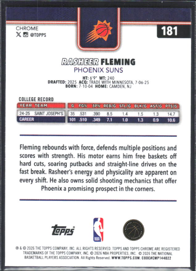 2025-26 Topps Chrome Update #181 Rasheer Fleming - baksida